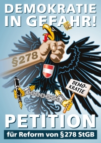 Wappenadler, dessen Kehle von einer Hand mit der Aufschrift: 'Paragraphen 278' gequetscht wird.