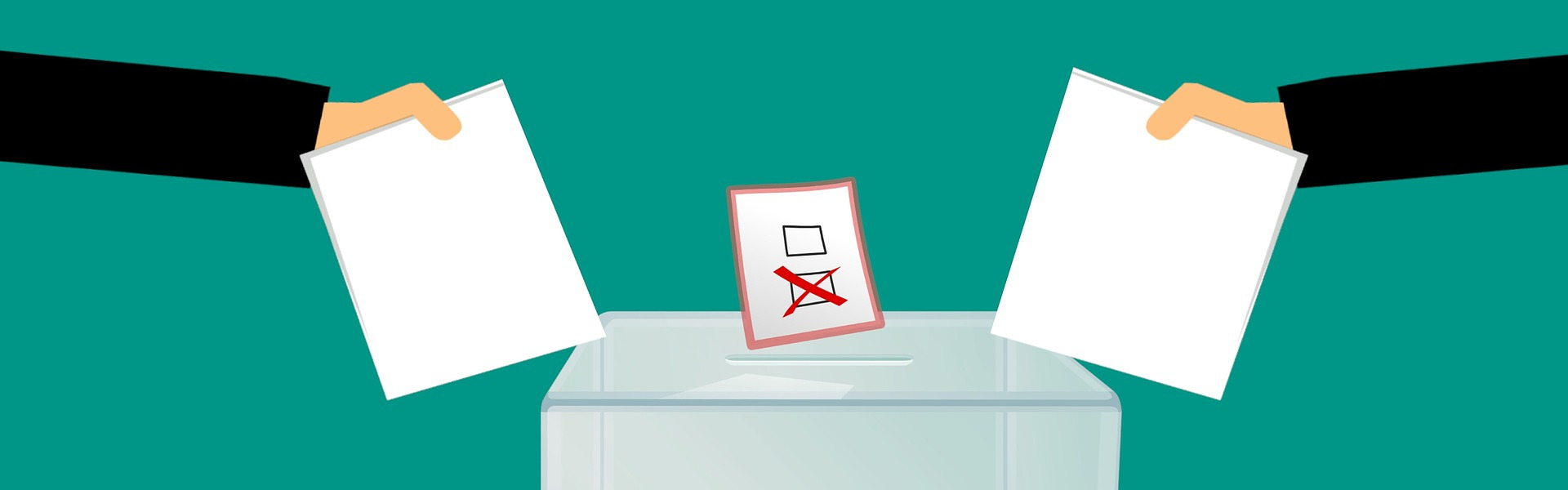 Hände, die Stimmzettel in eine Wahlurne werfen.